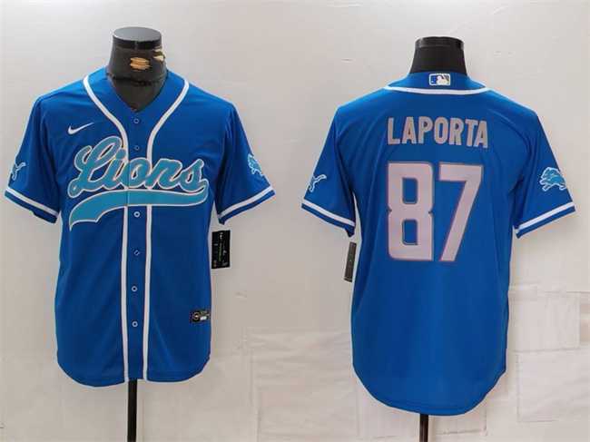 Mens Detroit Lions #87 Sam LaPorta Blue Cool Base Stitched Baseball Jersey